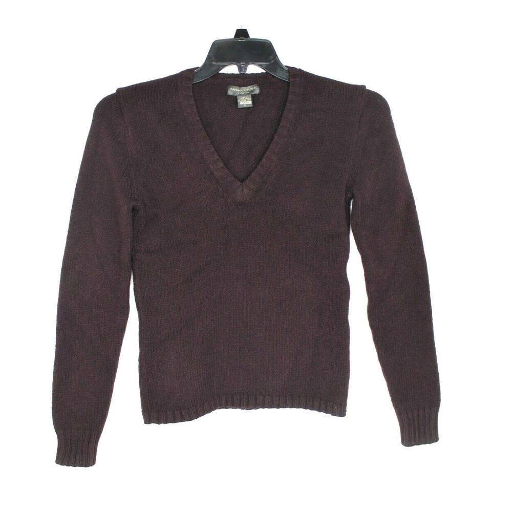 Banana Republic Womens Knitted Wool Plum V-Neck Sz Medium Long Sleeve Pullover